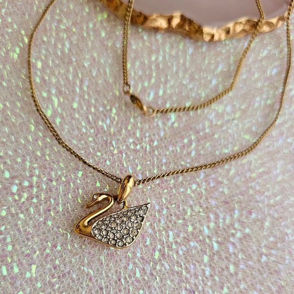 Crystal Vintage Gold plated Swan Pendant Necklace, Vintage Swarovski, Jewellery gift