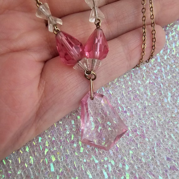 Vintage Art Deco Pink Crystal Y Lariat Necklace, … - image 6