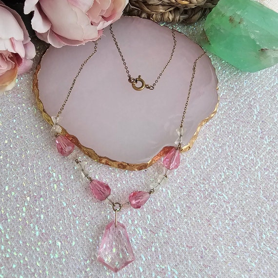 Vintage Art Deco Pink Crystal Y Lariat Necklace, … - image 5