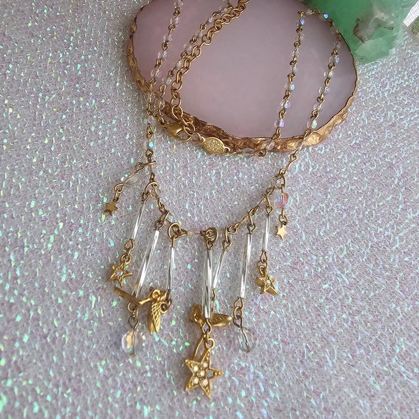 Aurora Borealis Vintage Pixies & Stars Gold Tone Fringe Necklace, Vintage Kirks folly, Jewellery Gift