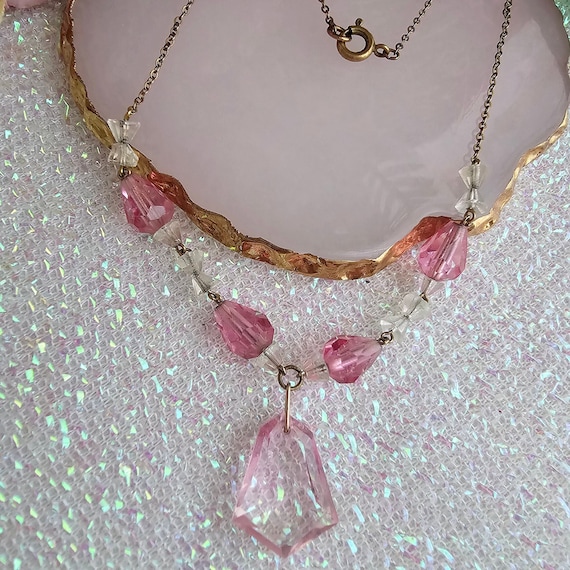 Vintage Art Deco Pink Crystal Y Lariat Necklace, … - image 1
