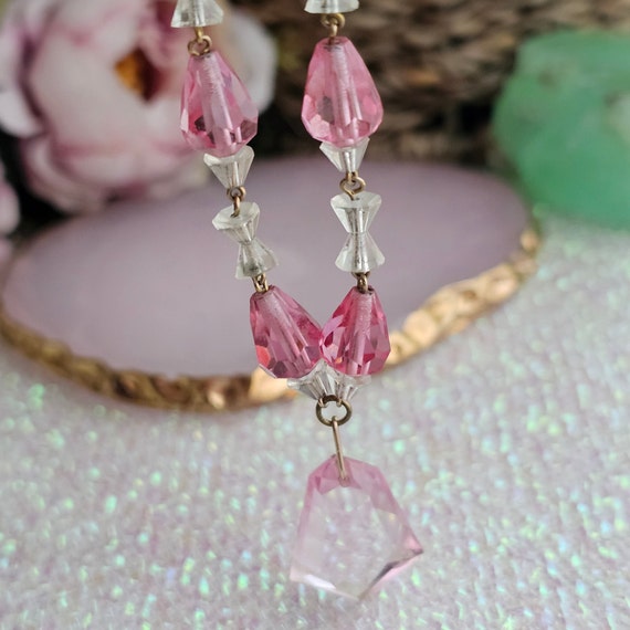 Vintage Art Deco Pink Crystal Y Lariat Necklace, … - image 3