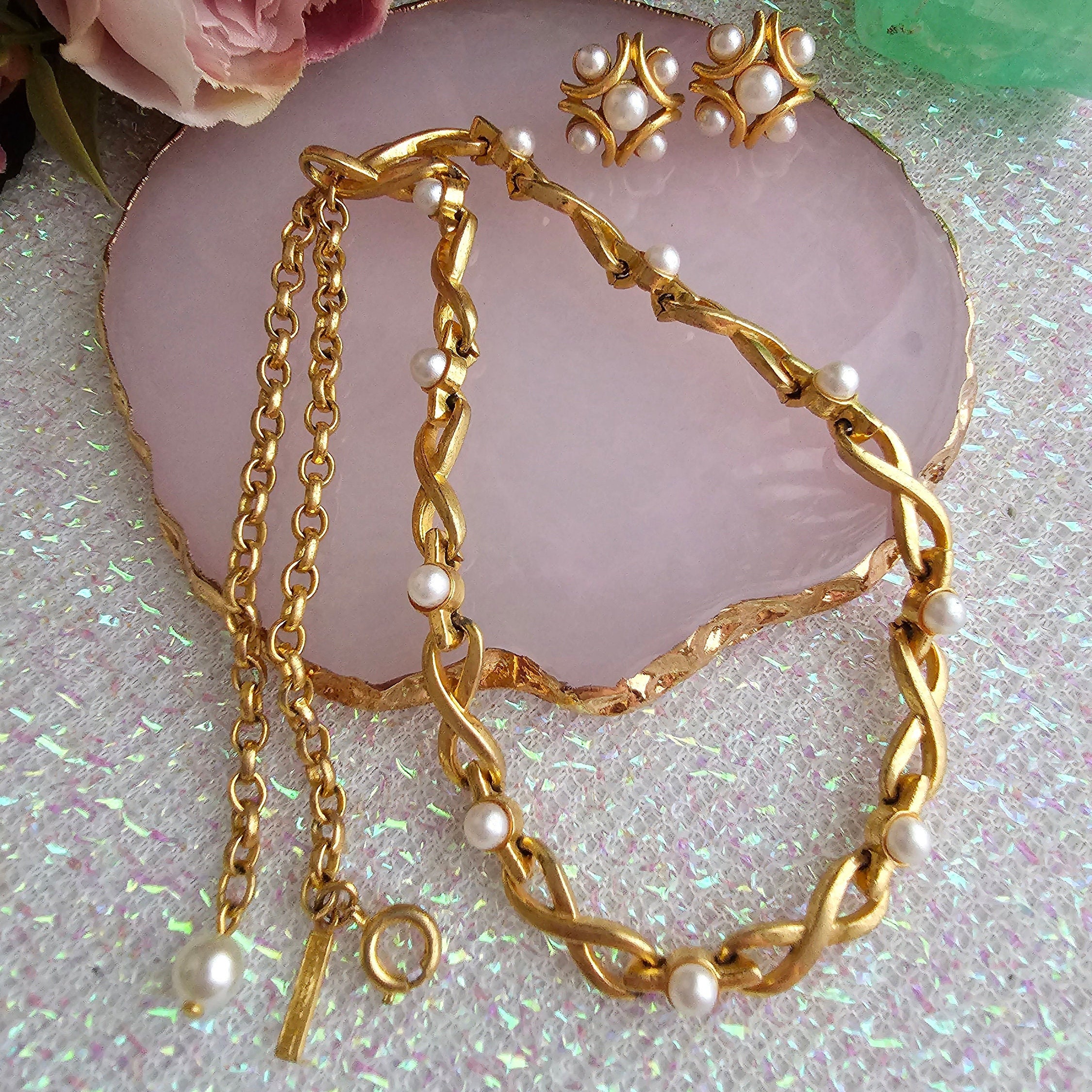 Vintage Corocraft Gold Faux Pearl Necklace & Matching Stud Earrings