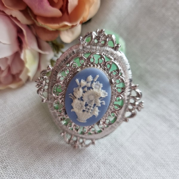 Vintage Hollywood Porcelain blue, silver flower basket cameo brooch 1950s, Costume jewellery