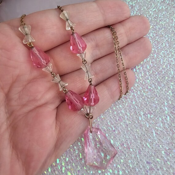 Vintage Art Deco Pink Crystal Y Lariat Necklace, … - image 4
