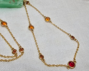 Vintage Monet Orange & Red Crystal Bezel Set Long Dainty Gold Tone Necklace, Monet Sister Clasp, Vintage Costume Jewellery