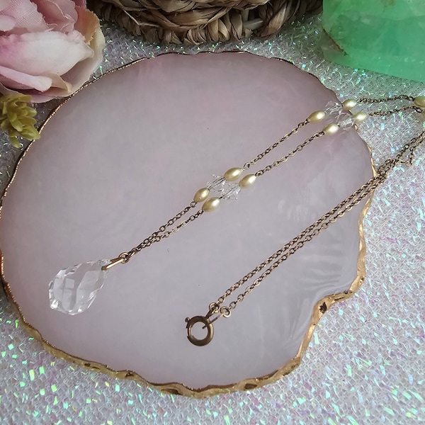 Vintage Crystal & Pearl Lariat Necklace, Crystal Drop, Y Necklace, Art deco, Jewellery gift