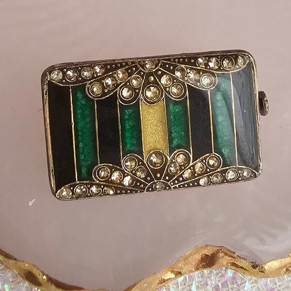 Art Deco Green & Black Pierre Bex Vintage Brooch, Pin, Lapel, Trombone Clasp, France