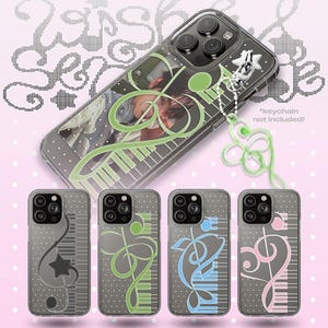 May include: Clear phone cases with musical designs. The cases feature piano keys, treble clefs, and the text "Melody Of The Stars", "Melody For The Lucky", "Melody Of The Sea", and "Melody Of My Heart". The cases are available in various models.