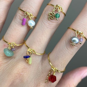 Dainty Minimalist Charm Freshwater Pearl Natural Stone Snake Crystal Dangling Wire Ring Charm Ring