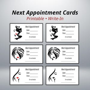 Op de afbeelding: Zes witte afspraakkaarten met zwarte randen. Elke kaart bevat een gestileerde zwart-wit illustratie van een vrouwengezicht en haar, met rode lippen. De kaarten zijn gelabeld met "Next Appointment" en bevatten velden voor datum, tijd en verzetten.