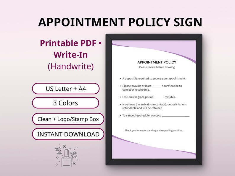 Appointment Policy Sign Printable PDF | Write-in Client Booking Policy ...