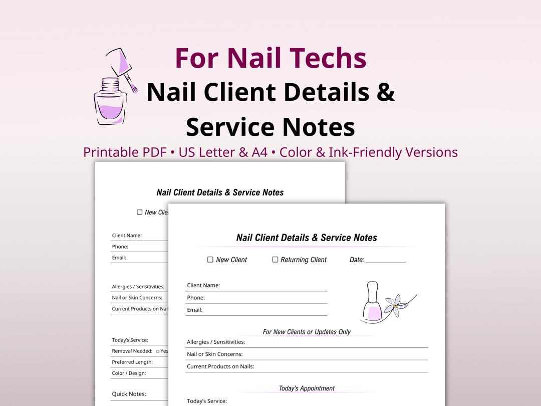 Nail Tech Client Intake Form Printable PDF | Client Details & Service ...