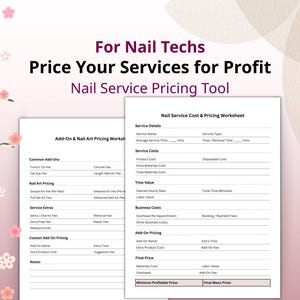 Nail Tech Pricing Tool PDF, Arbeitsblätter für Servicekosten und Add-On-Preisgestaltung, zum Erstellen Ihrer Preisliste