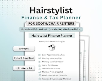 Planificador financiero para estilistas que alquilan cabinas (PDF imprimible para completar) - Seguimiento de ingresos y gastos del salón