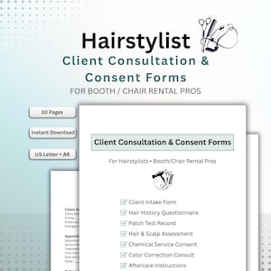Puede incluir: Un documento blanco titulado "Client Consultation & Consent Forms" para estilistas y profesionales de alquiler de cabinas/sillas. Incluye una lista de formularios como Client Intake, Hair History Questionnaire e Aftercare Instructions. La imagen también muestra "10 páginas", "Descarga instantánea" y "US Letter + A4".
