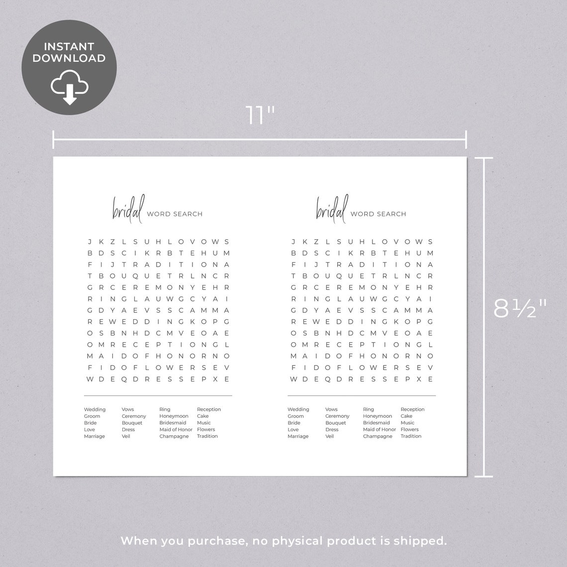 Bridal Shower Word Search Instant Download 5.5x8.5 Inches