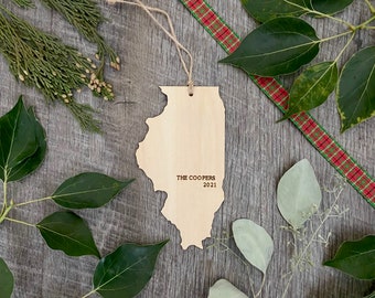 Personalized Wood State Map Ornament - Illinois Custom Engraved Christmas Ornament