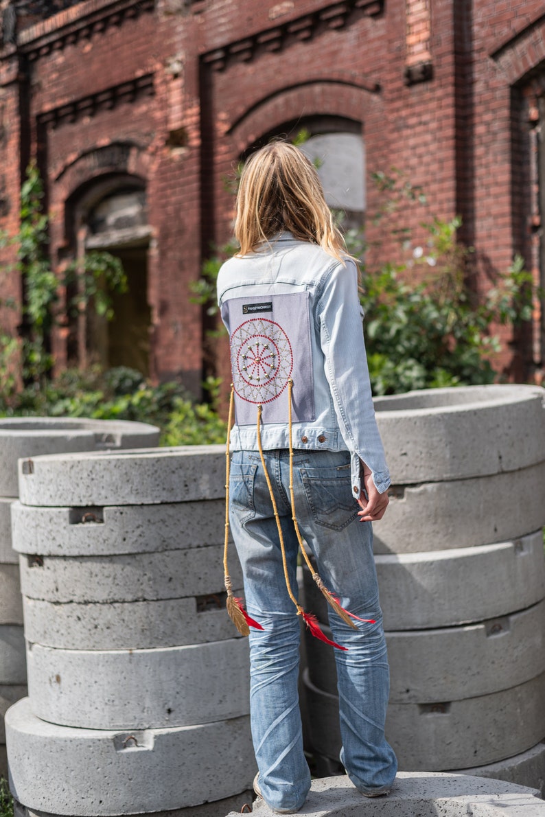 Dreamcatcher custom denim jacket jeans talisman zerowaste art Green-minded Free-spirited fashion image 1