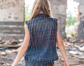 Handcrafted Denim Vest with Ornate Gemstones | Upcycled Fashion | Embellishments | Vintage Beaded Details | Festival Vibe | Ombre Style