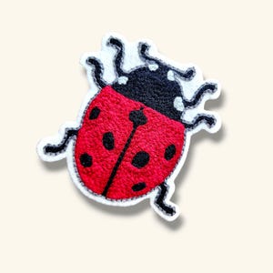 May include: A red and black ladybug with white accents. The ladybug is embroidered with a fuzzy texture.