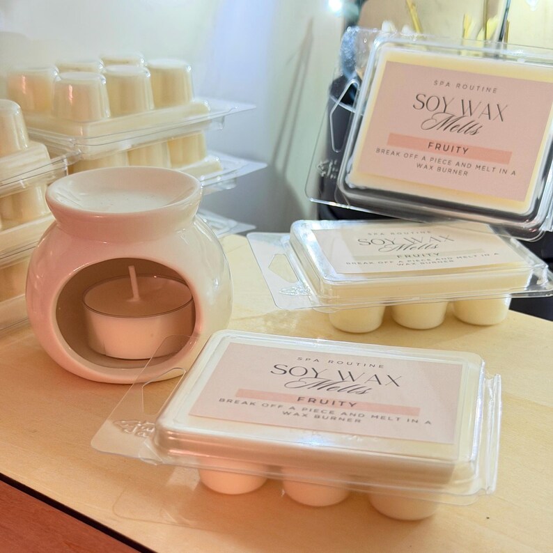 Wax burner with soy wax melts on wooden tray, cozy relaxation home scent