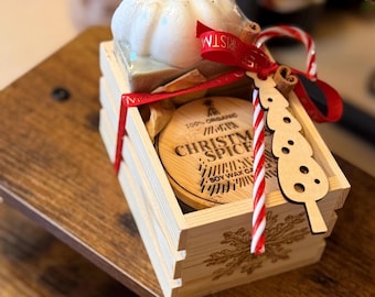 Christmas Gift Set, Christmas Candle with Two Handmade Soap Bars, Unique Wooden Christmas Gift Box, Holiday Gift Basket