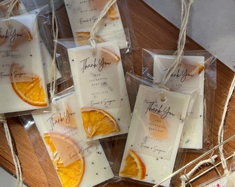 Burnt orange wedding favors, personalized soy wax melts with dried orange for bridal and baby shower gifts