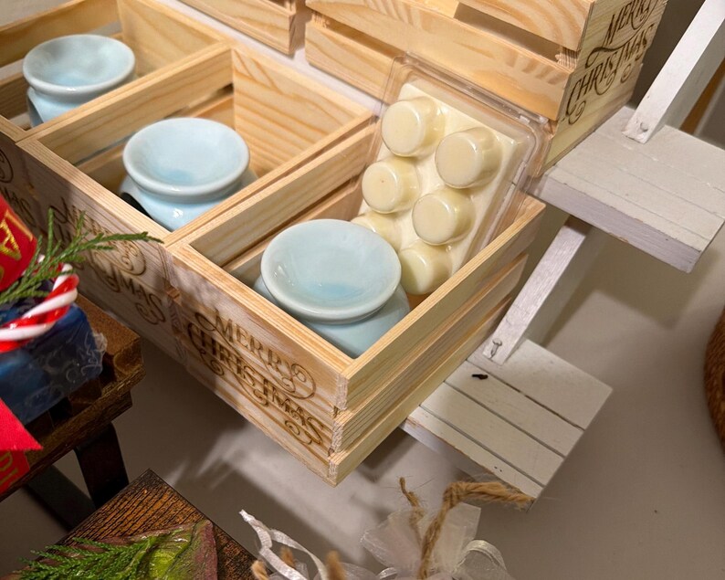 Wax melter and soy wax melts packaged in wooden box, ready to gift home fragrance set