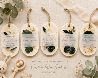 Personalized Baby Shower Wax Sachets, Botanical Guest Favors, Neutral Decor
