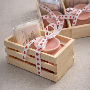 Soy wax melts with ceramic wax melters arranged in wooden boxes, natural home fragrance set
