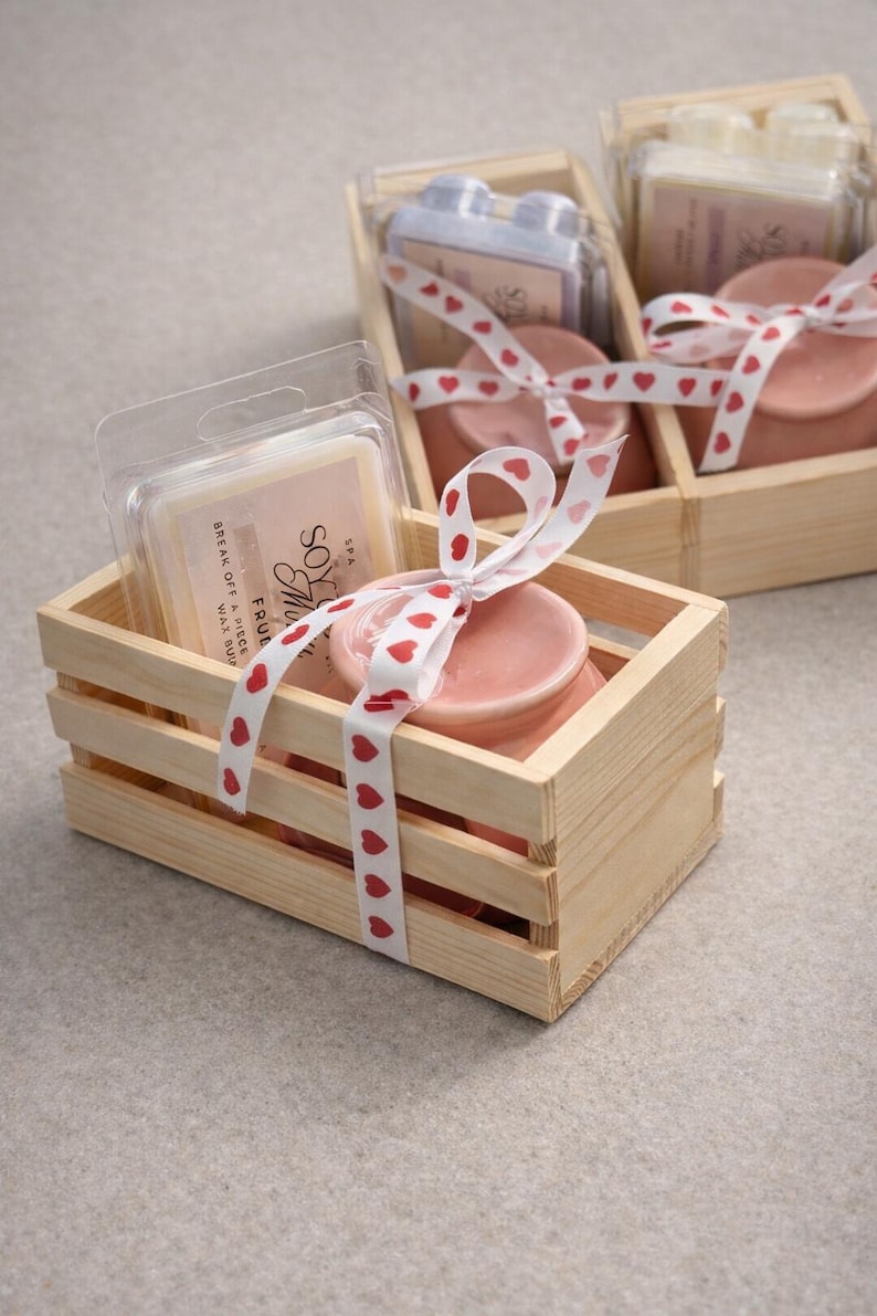 Soy wax melts with ceramic wax melters arranged in wooden boxes, natural home fragrance set
