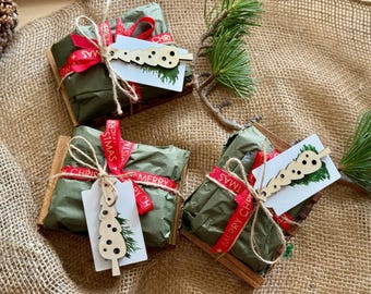 Christmas Soap Gift Set with Wooden Dish: Handmade Holiday Soap Bar