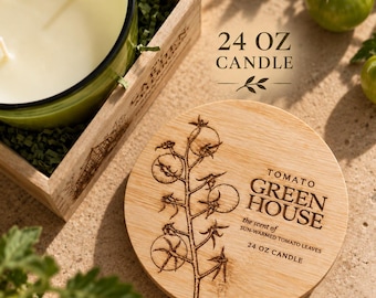 Tomato Greenhouse Soy Candle, 24 oz 3 Wick, Fresh Leaf Scent, Engraved Wooden Lid