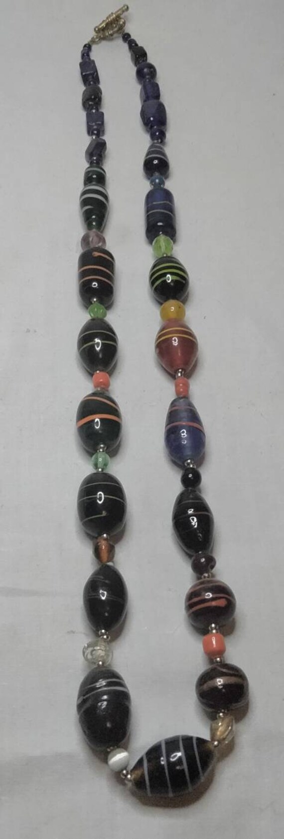 Vintage Mutli-Colored Striped Lamp Work Glass Beaded Necklace - Handcrafted