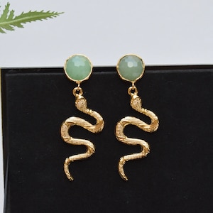 Snake earrings - gold snake earrings, protection earrings, jade earrings, green earrings, gemstone earrings