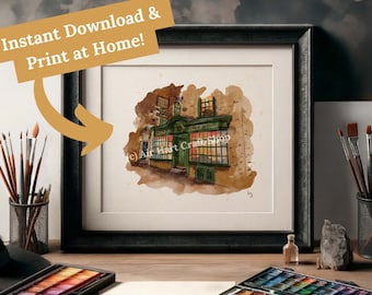 Librería Wizard imprimible, Descarga instantánea de arte de pared de la galería, Impresión en casa, Acuarela digital, Vivero moderno, Impresión para regalar, Arte Potter