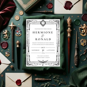 Peut inclure: Une invitation de mariage avec les noms Hermione et Ronald, entourée d'éléments décoratifs. L'invitation est sur un fond vert avec des sceaux de cire, des bougies et une baguette. La date est le 31 octobre 2024.