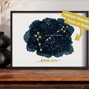Printable Pisces Constellation, Watercolor Zodiac Astrology Art, Instant Download, Print at Home, Birth Sign Print, Astrological Sign