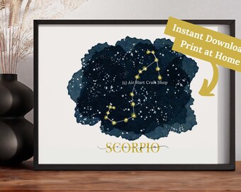 Puede incluir: Impresión artística enmarcada con la constelación de Escorpio en oro sobre un fondo de acuarela azul oscuro. La impresión incluye la palabra "SCORPIO" en escritura dorada. El texto en la impresión dice "Descarga instantánea e imprime en casa".