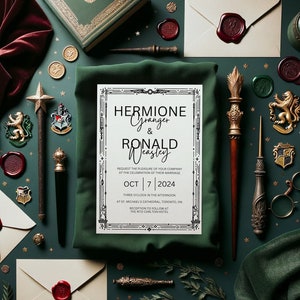 May include: A wedding invitation with a Harry Potter theme. The invitation is white with black text and a decorative border. The text reads "Hermione Granger & Ronald Weasley" and "Oct 7, 2024".