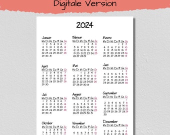 Kalender 2024 Jahreskalender Deutsch | DIN A4 | Digitale Version | PDF | zum Ausdrucken und selber gestalten