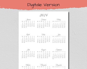 Kalender 2024 Jahreskalender Deutsch | DIN A4 | Digitale Version | PDF | zum Ausdrucken und selber gestalten