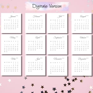 Könnte beinhalten: Ein digitaler Kalender für das Jahr 2026, mit zwölf Monatsseiten. Jede Seite ist weiß mit schwarzem Text und zeigt den Monat und die Tage. Der Titel "Digitale Version" steht oben.
