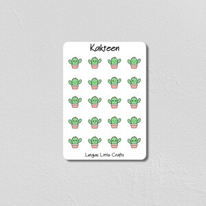 Op de afbeelding: Een stickervel met meerdere cartoon cactus ontwerpen met verschillende gezichtsuitdrukkingen. Elke cactus is groen met een rode bloem en zit in een roze pot. De tekst "Kakteen" en "Lutgas Little Crafts" is aanwezig.