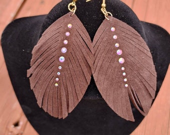 Handmade Brown Feather with Jewels Dangle Earrings