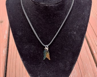 Two Feather Pendant Black Suede Cord Necklace