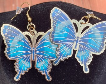 Blue Butterfly Gold-Plated Earrings