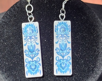 Blue Floral Rectangle Earrings