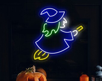 Custom Witch Neon Sign, Halloween Decor Light Sign, Harridan Led Light, Witch on a Broom Led Neon, Led Neon Wall Lights